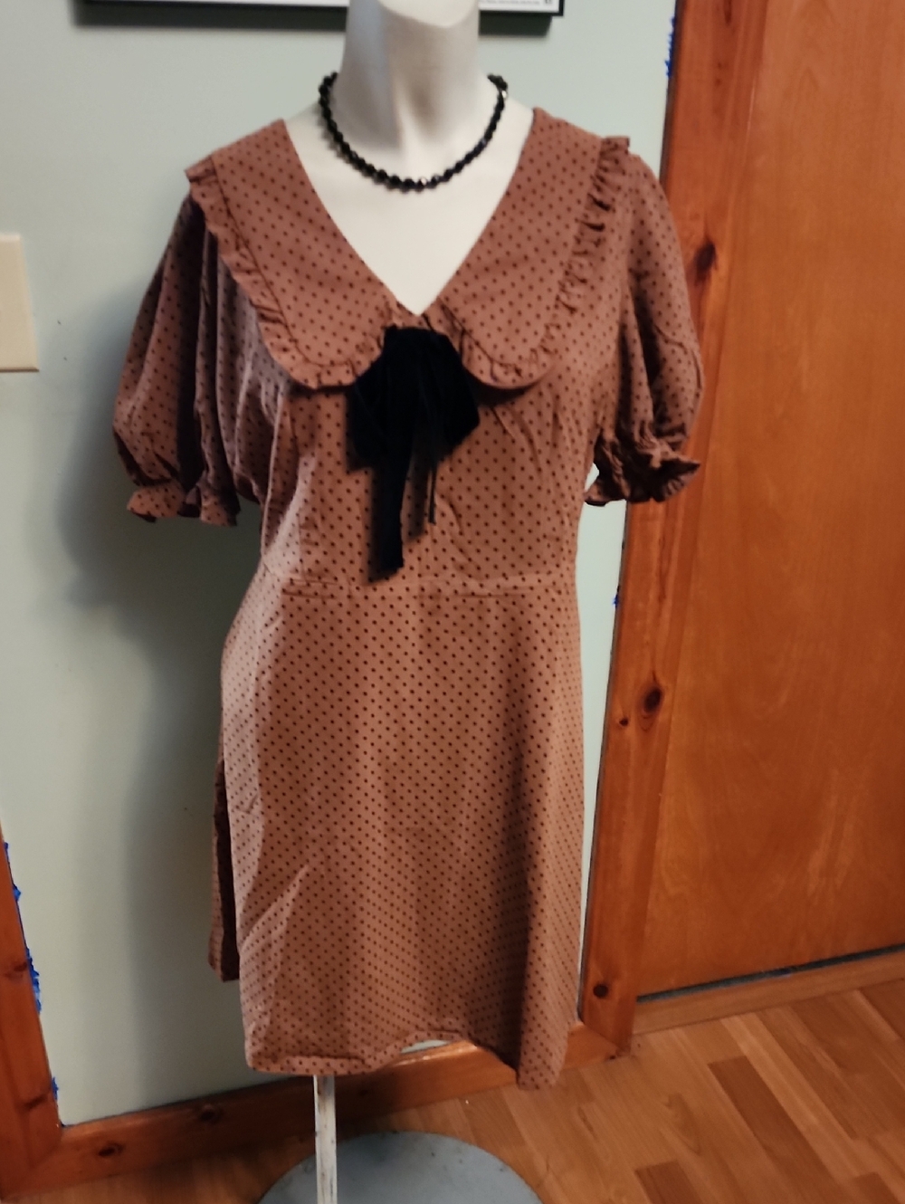Blu Pepper Brown Polka Dot Midi Dress with Black Bow